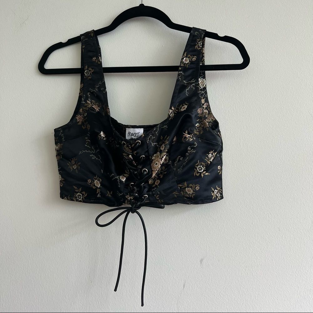 Princess Polly Black Floral Embroidered Lace Up Corset Crop Top Size 6 - Picture 1 of 6